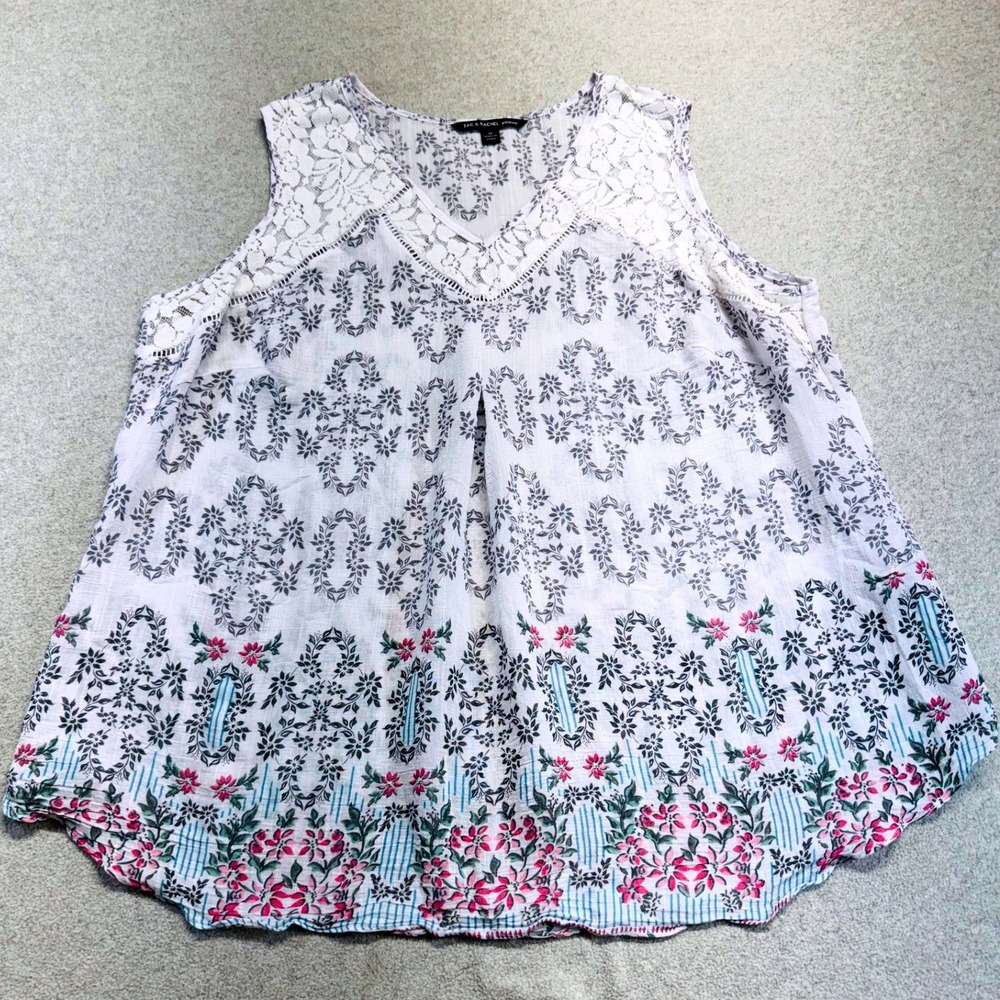 Zac & Rachel Womens 1X Sleeveless Boho Top Lace V‎ Neck Floral Border Swing Tank